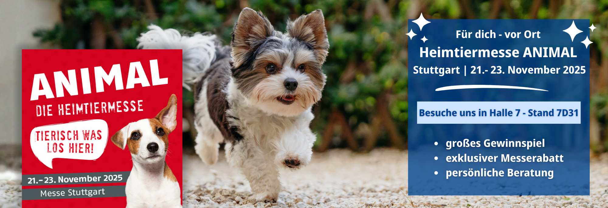 Bild mit einem Hund und dem Hinweis auf die Heimtiermesse ANIMAL vom 21.- 23.11.2025 in Stuttgart. Wir von Virbac sind vor Ort und bieten einen attraktiven Messerabatt, sowie einem groen Gewinnspiel.