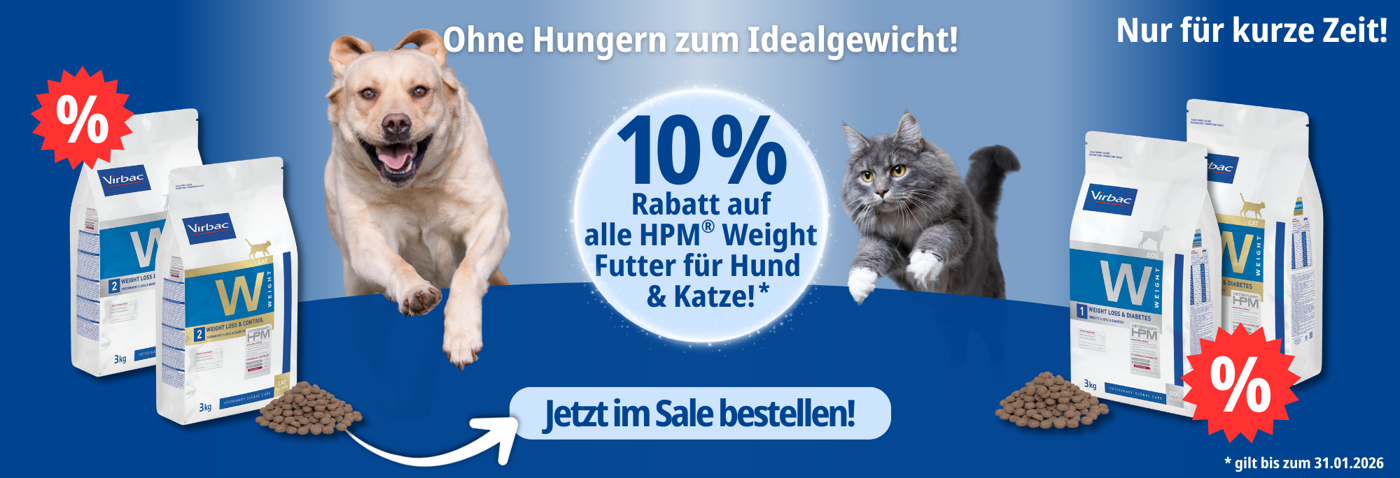 Banner mit Hund & Katze und dem Hinweis auf das aktuelle Angebot von 10 % Rabatt auf alle Veterinary HPM Weight Futter f�r Hunde und Katzen.