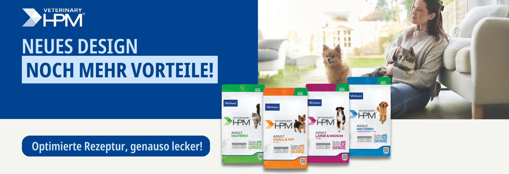 Bild von einer Frau, die einen Hund und eine Katze auf ihrem Scho sitzen hat, mit einer Produktabbildung der berarbeiteten Basisfutter fr Hunde und Katzen