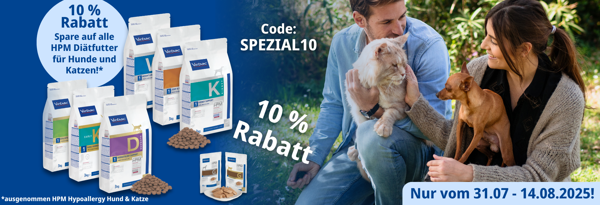 Bild mit einer Frau und einem Mann, ihrem Hund und der Katze mit dem Hinweis zum Spezialfutter mit starken 10 % Rabatt auf Spezialnahrung fr Hunde & Katzen